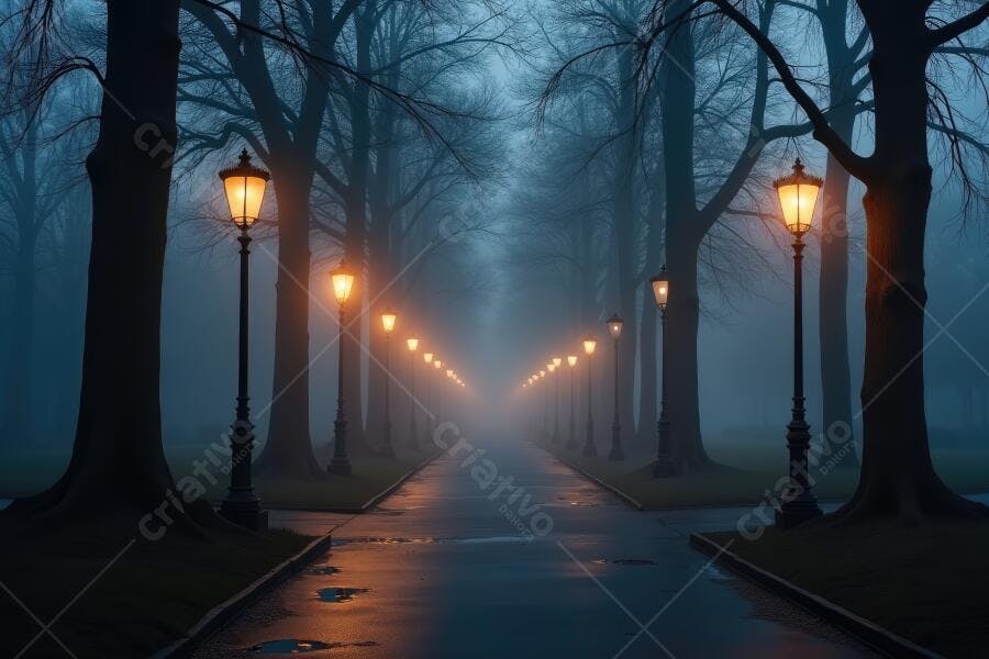 Foto Avenida Árvores Nevoeiro Iluminação Noturna Outono