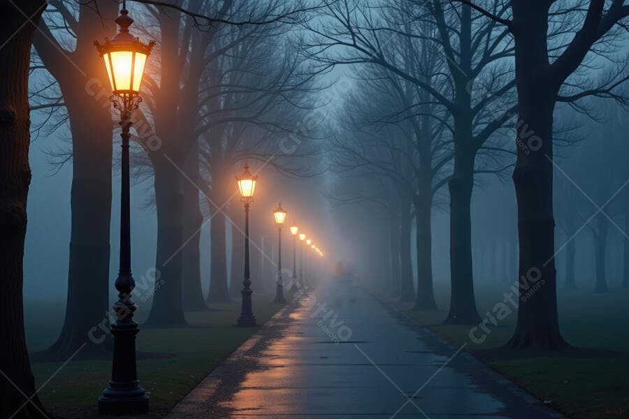 Foto Alameda com Postes de Luz Iluminados Neblina Noturna