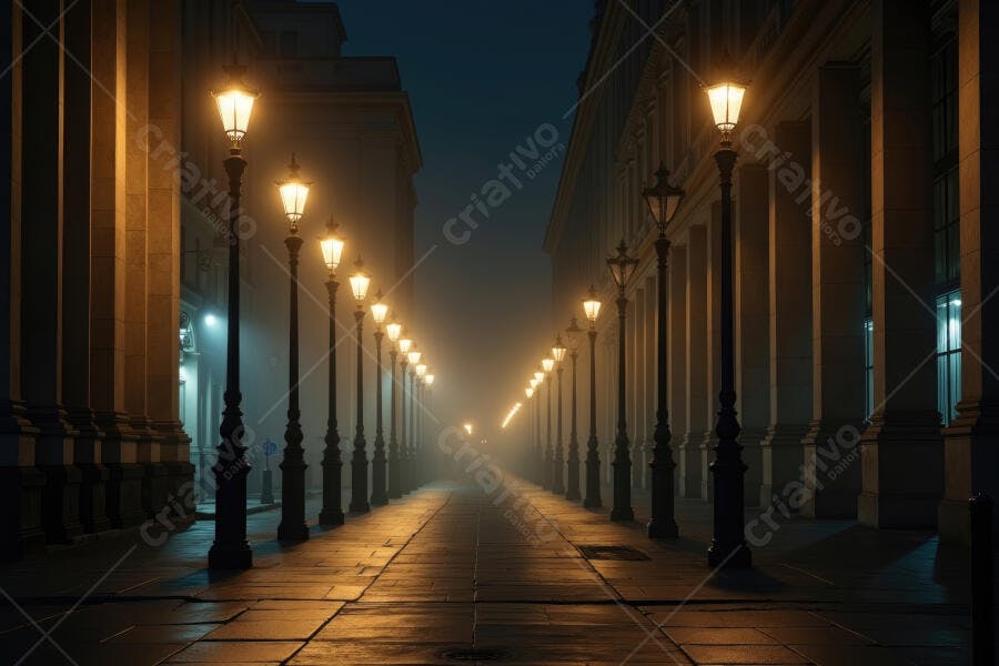 Foto Rua Antiga Iluminada Neblina Noturna Urbana
