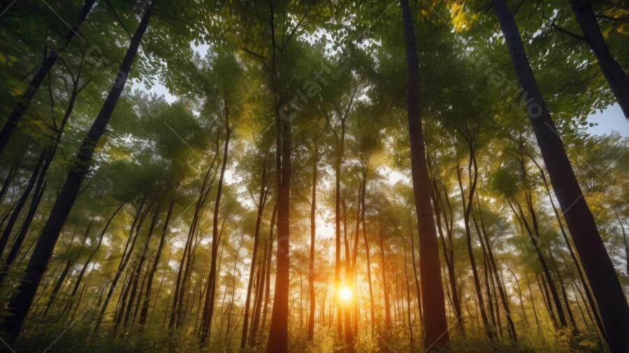 Foto Floresta Árvores Altas Sol Nascente Iluminação Natural