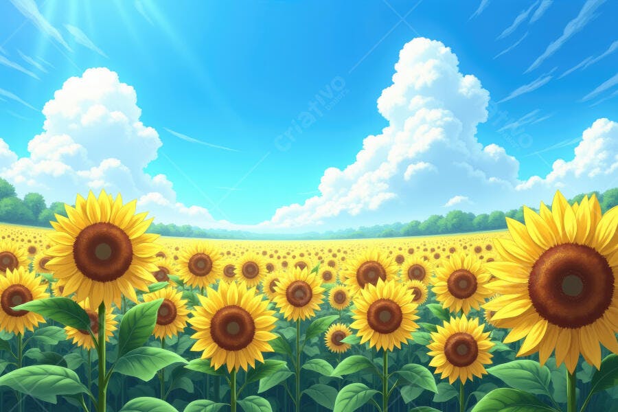 Foto Campo de Girassóis Céu Azul Nuvens Brancas Verão
