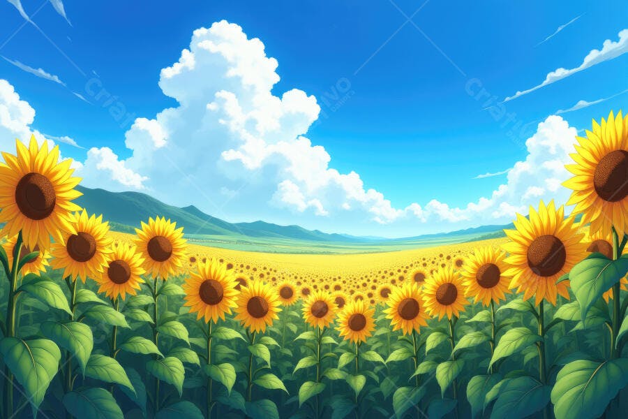 Foto Campo de Girassóis Céu Azul Nuvens Brancas Verão