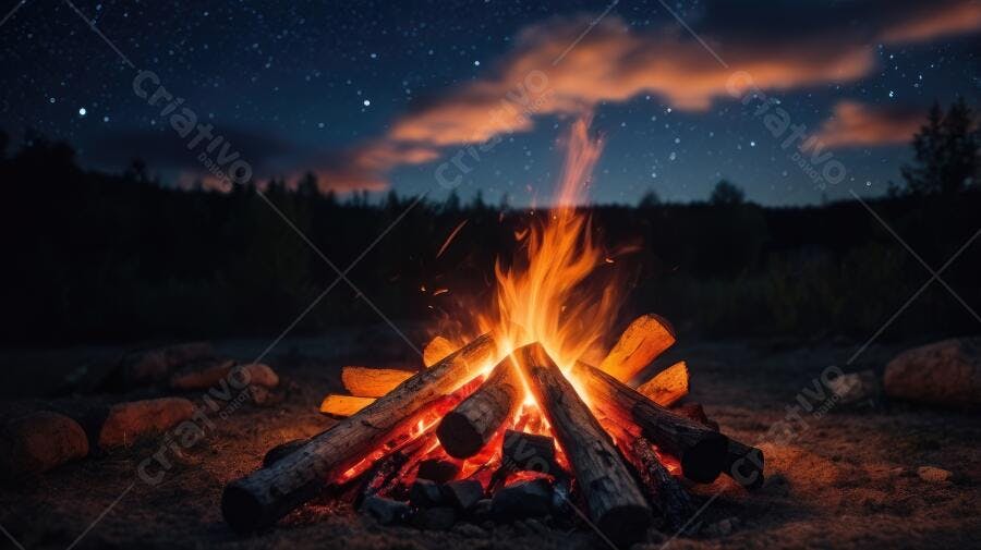 Foto Fogueira Acampamento Noite Estrelada Céu Azul Escuro