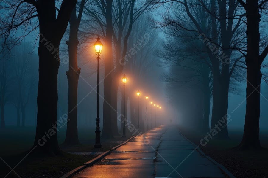 Foto Estrada Neblina Árvores Iluminação Noturna Misteriosa