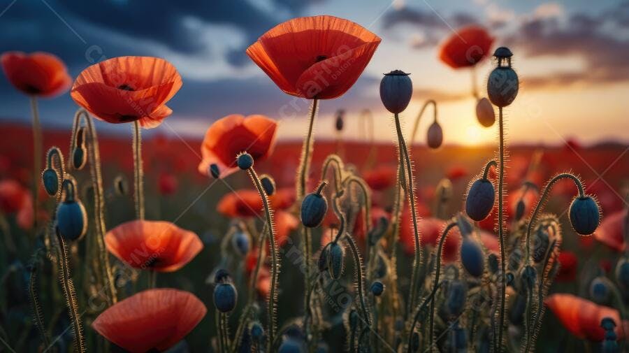 Foto Campo de Papoulas Vermelhas ao Pôr do Sol Natureza