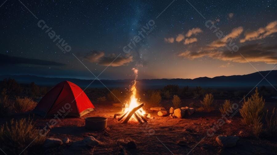 Foto Acampamento Noturno Fogueira Barraca Céu Estrelado