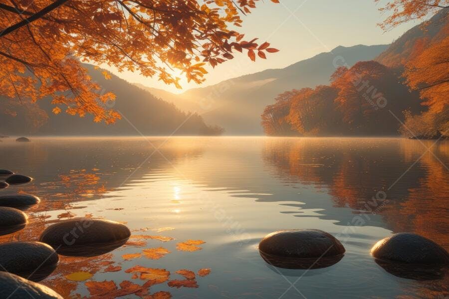 Foto Paisagem Lago Montanhas Outono Amanhecer Dourado