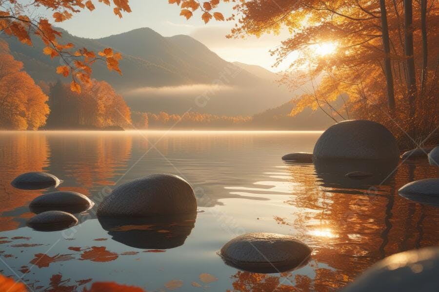 Foto Paisagem Outono Lago Montanhas Nascer do Sol Folhas Laranjas