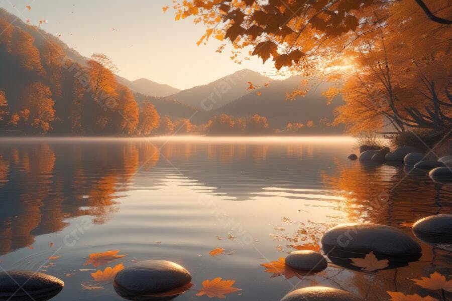 Foto Paisagem Outono Lago Montanhas Folhas Laranjas Douradas