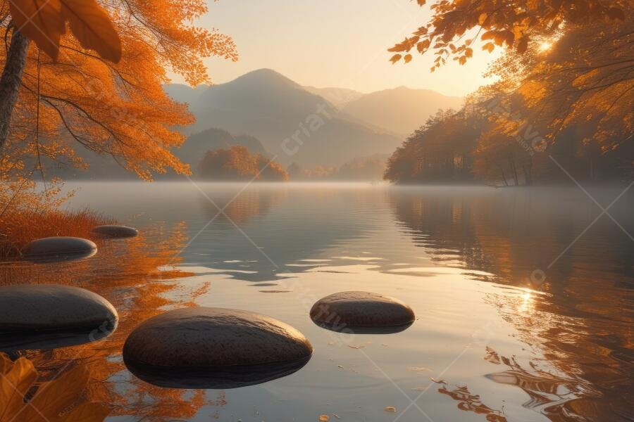 Foto Paisagem Outono Lago Montanhas Névoa Amanhecer