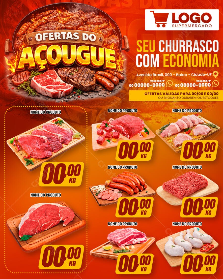 Flyer Ofertas Açougue Supermercado Churrasco PSD Editável