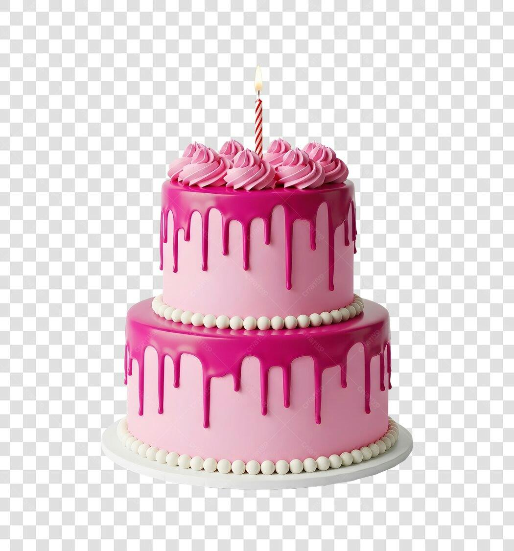Elemento 3D Bolo Aniversário Rosa com Vela PNG Fundo Transparente