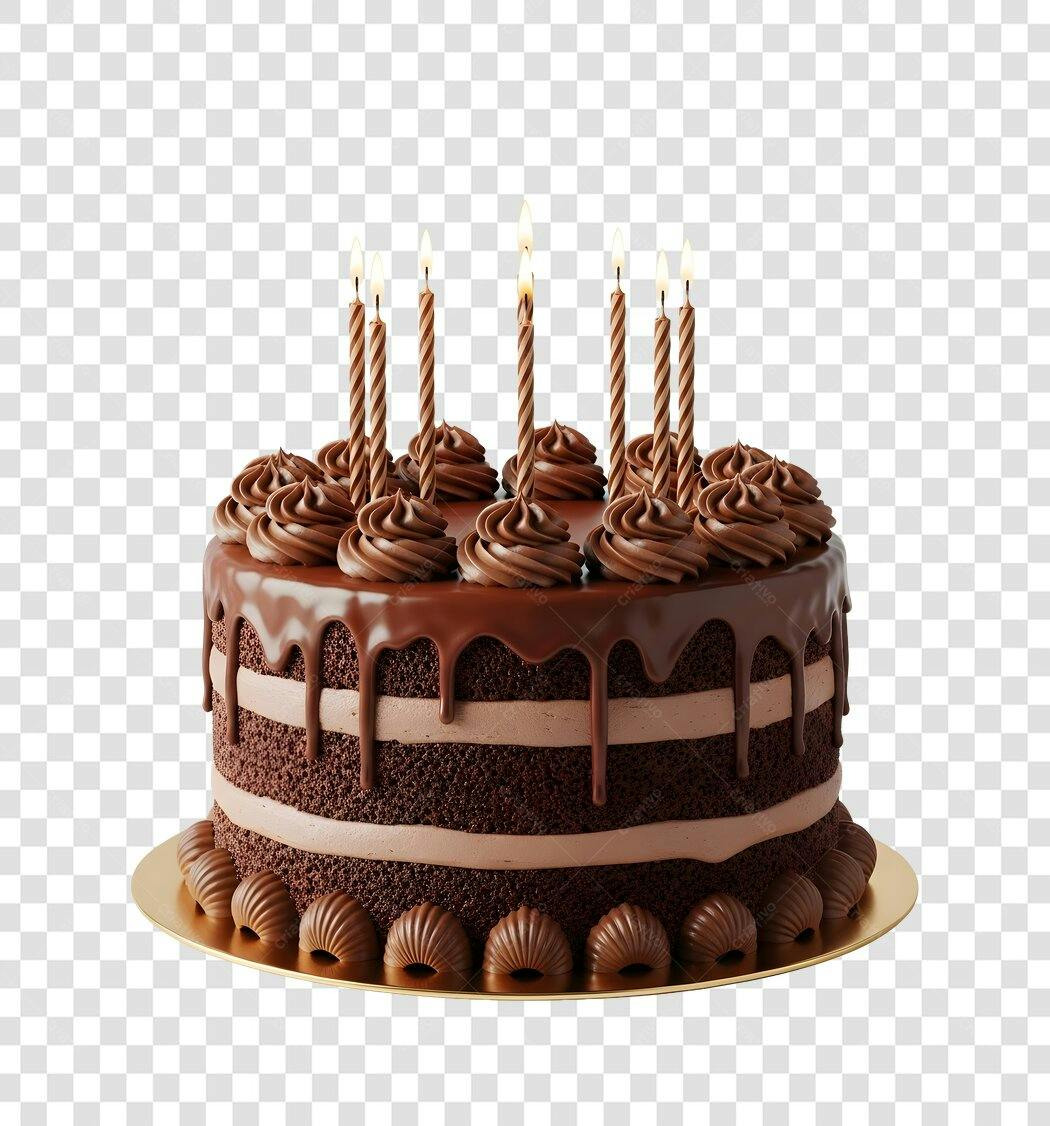 Elemento 3D Bolo Aniversário Chocolate Velas PNG Fundo Transparente
