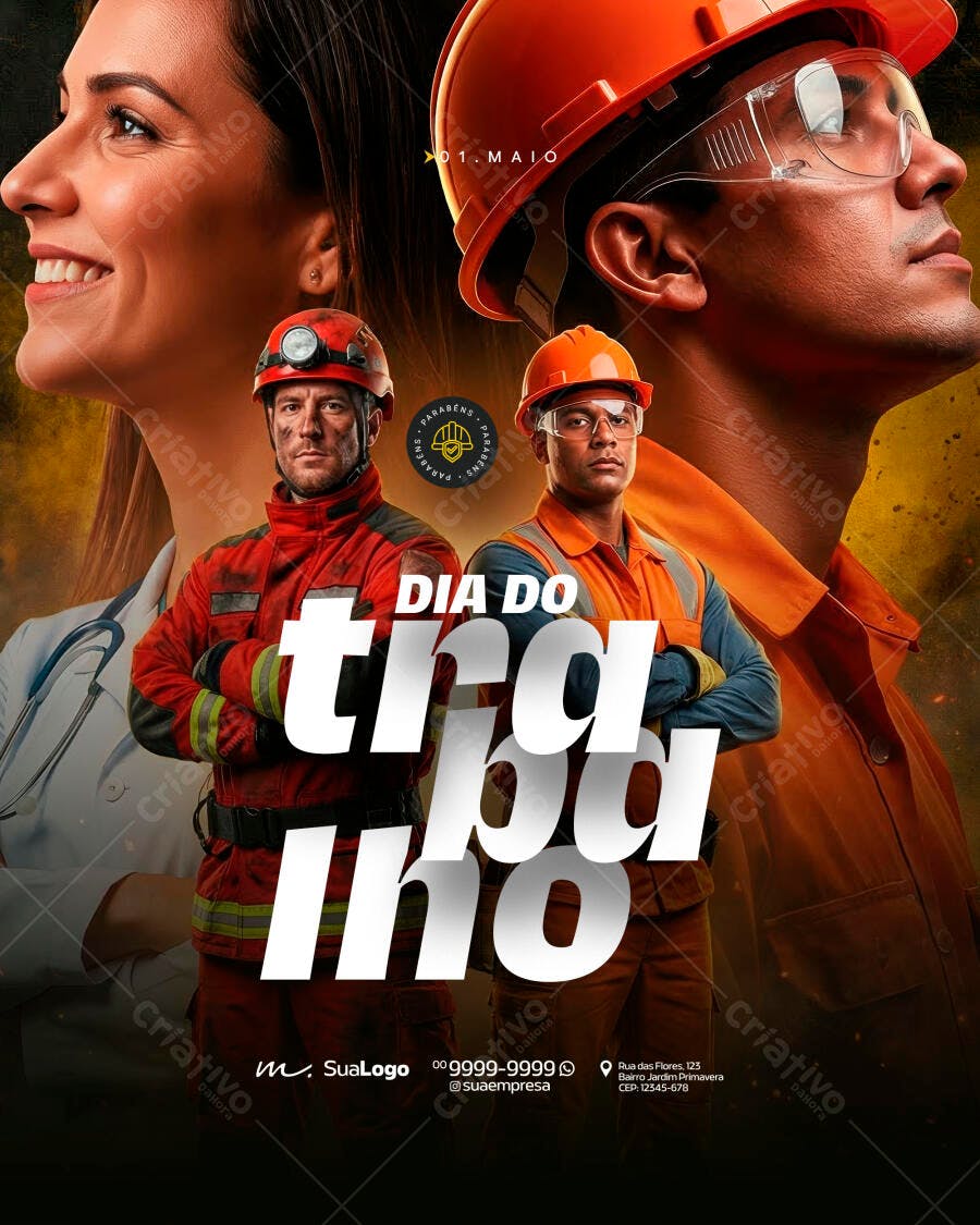 Flyer Dia do Trabalho 1 de Maio Profissões PSD Editável