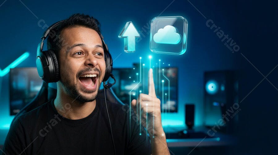 Foto Homem Gamer Sorrindo Interagindo Tecnologia Nuvem Upload