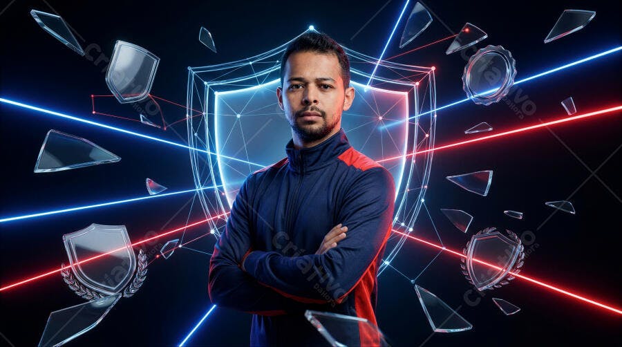 Foto Homem Negro Braços Cruzados Fundo Escuro Neon Escudo