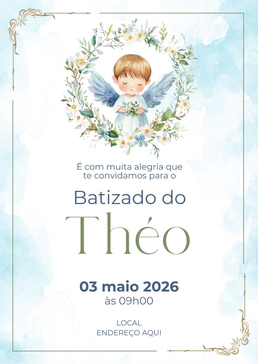 Convite Batizado Anjo Aquarela Azul Editável