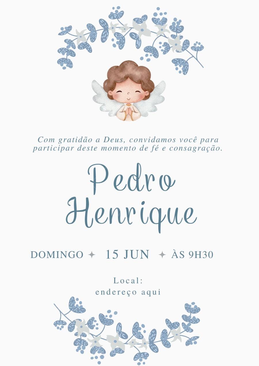 Convite Batizado Anjo Azul Floral Editável