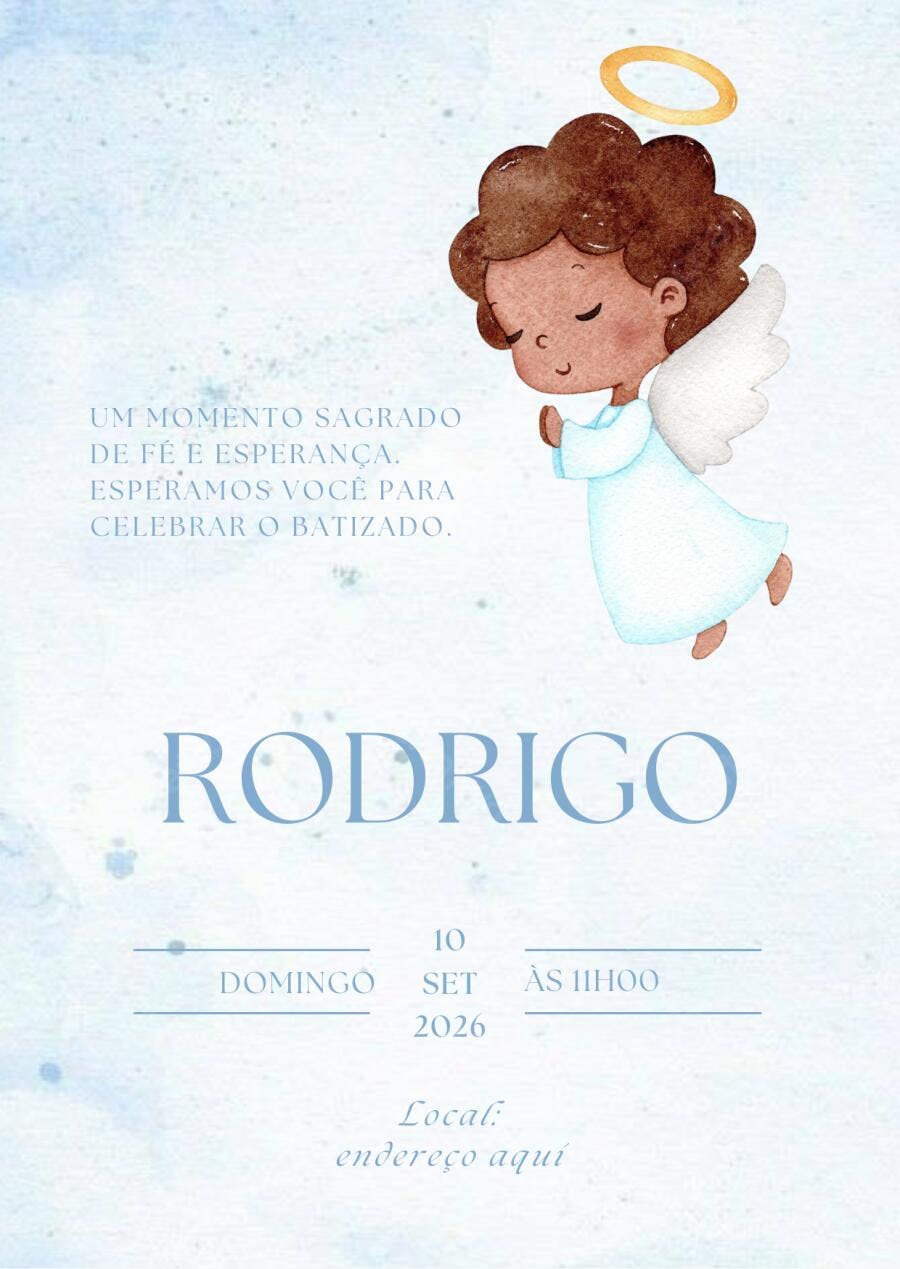 Convite Batizado Anjo Menino Aquarela Editável