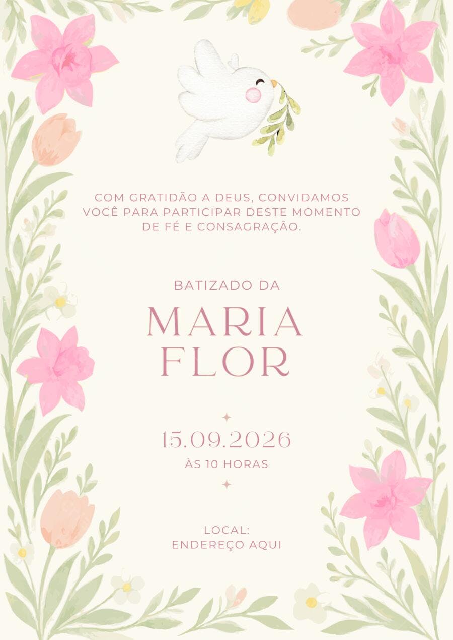 Convite Batizado Pomba Flores Rosas Editável