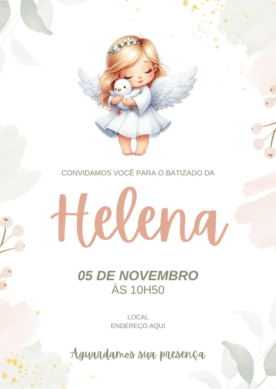 Convite Batizado Anjo Menina Dourado Rosa Editável