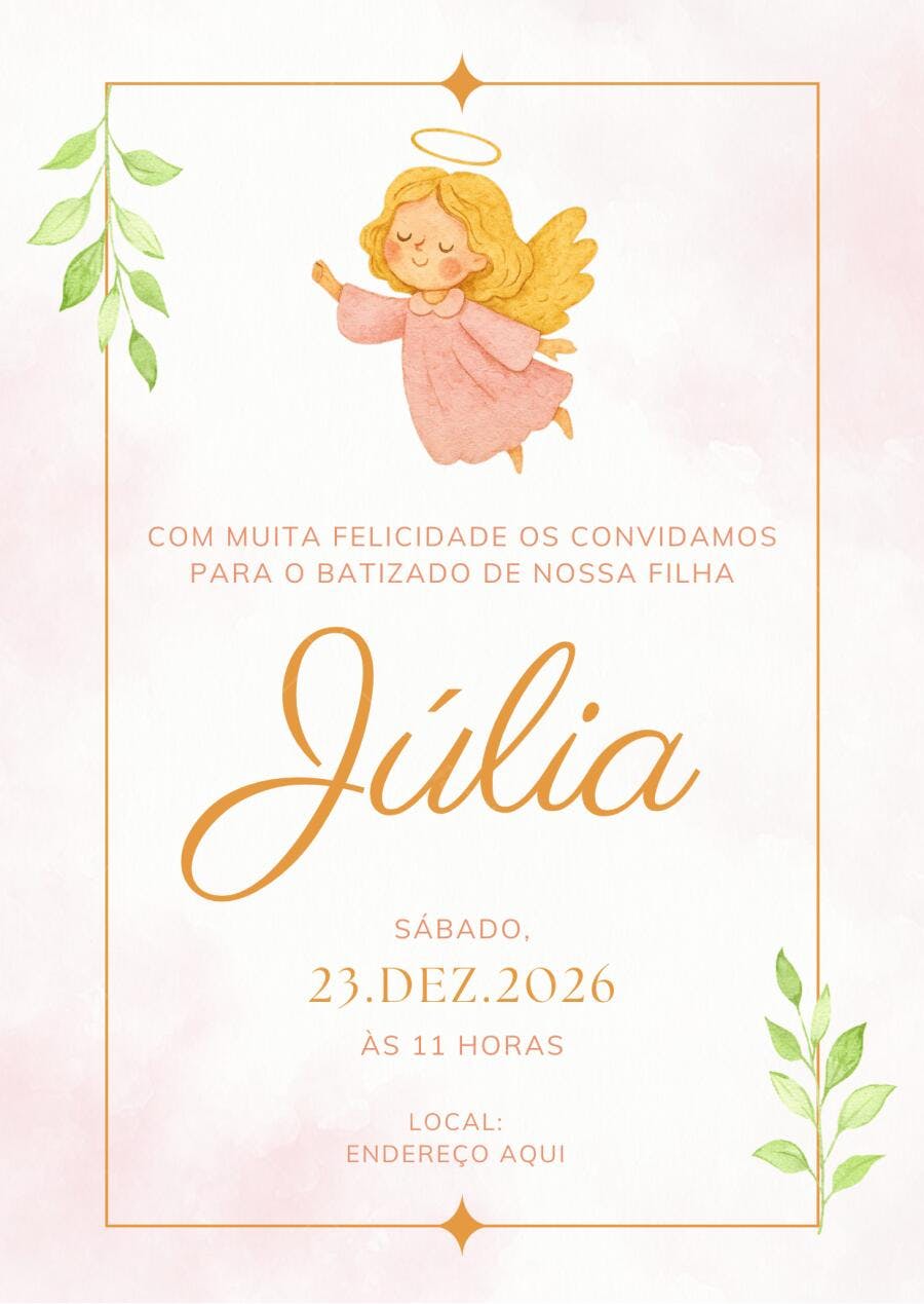 Convite Batizado Anjo Aquarela Rosa Dourado Editável