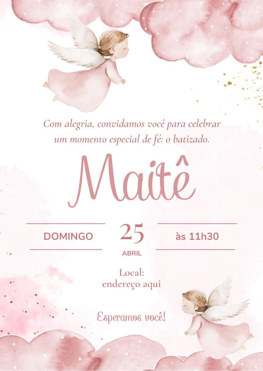 Convite Batizado Anjo Rosa Nuvens Aquarela Editável