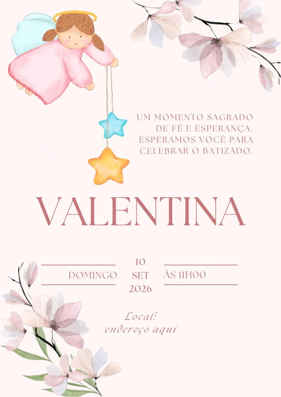 Convite Batizado Anjo Aquarela Flores Rosas Editável