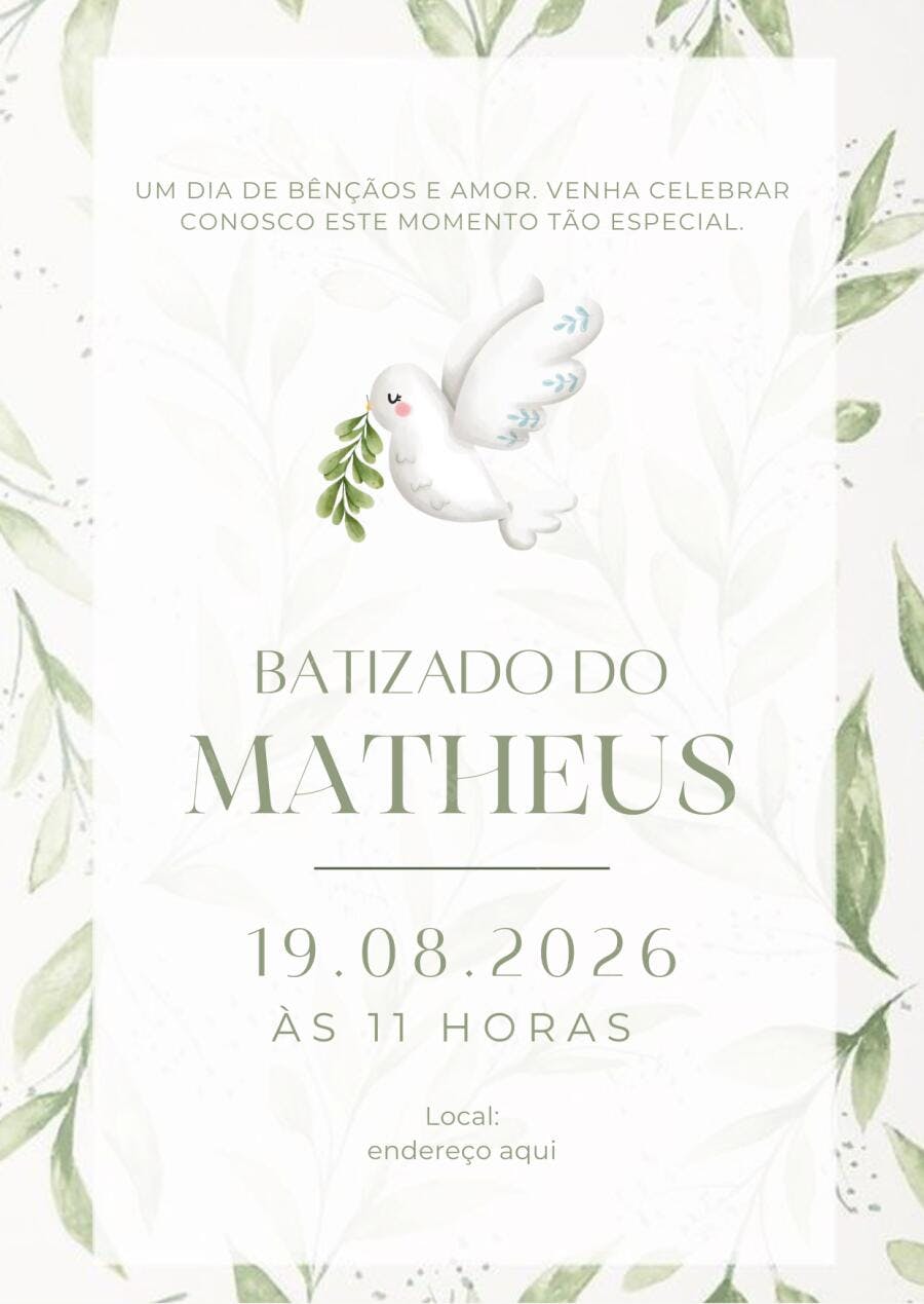 Convite Batizado Pomba da Paz Folhas Verdes Editável