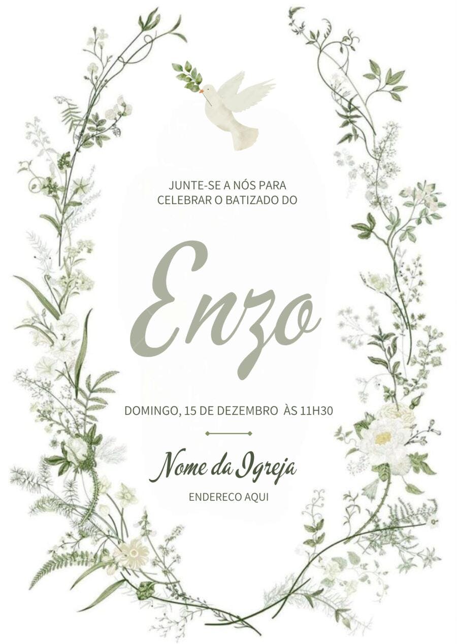 Convite Batizado Pomba Espírito Santo Floral Editável