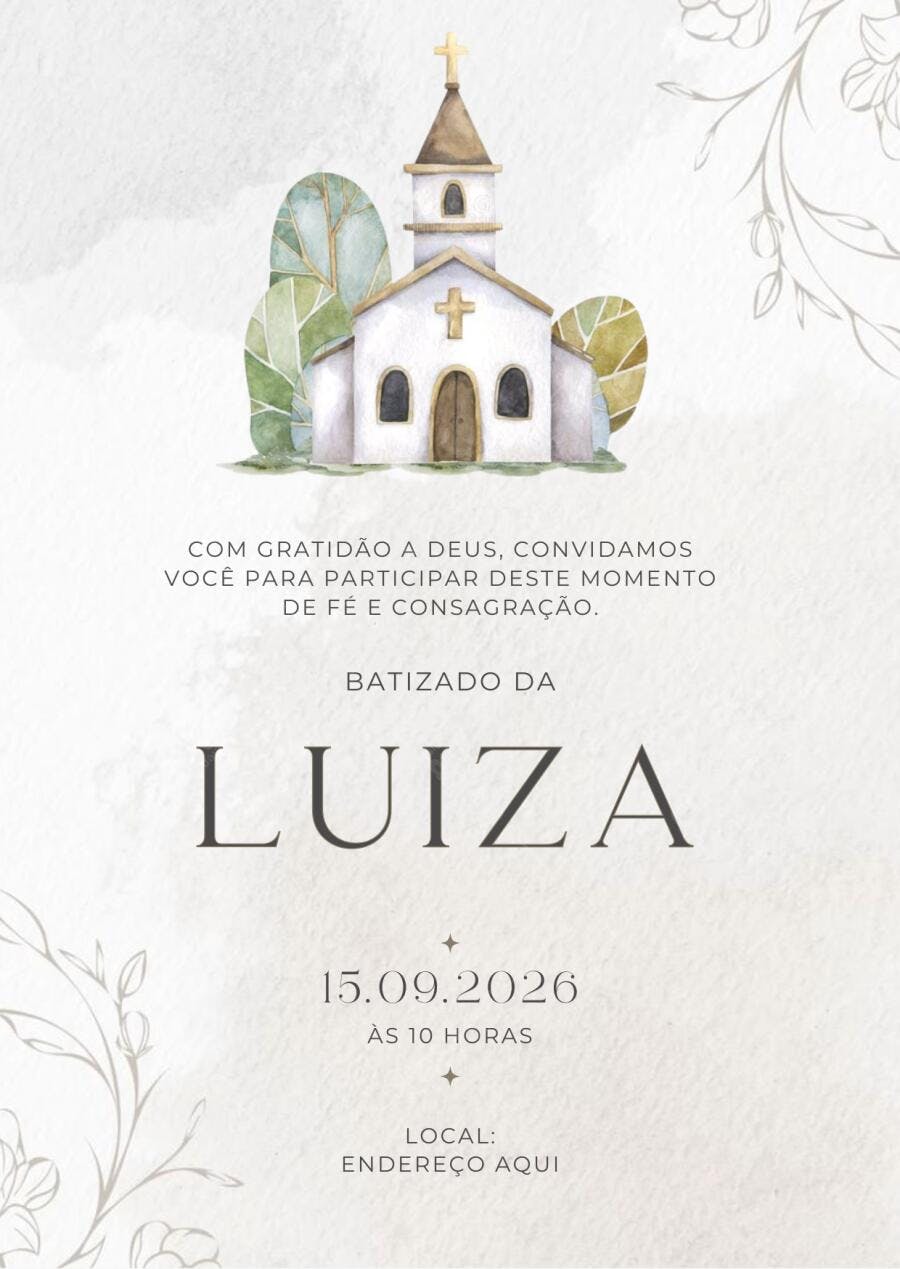 Convite Batizado Igreja Aquarela Neutro Editável