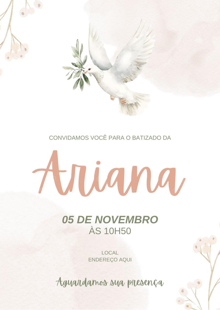 Convite Batizado Pomba Espírito Santo Floral Editável