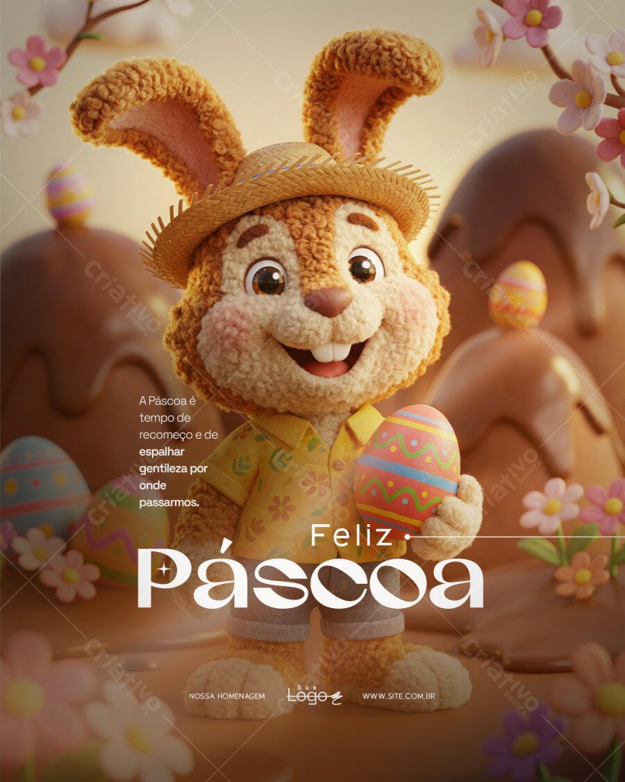 Post Páscoa Coelho Fofo Chocolate PSD Editável