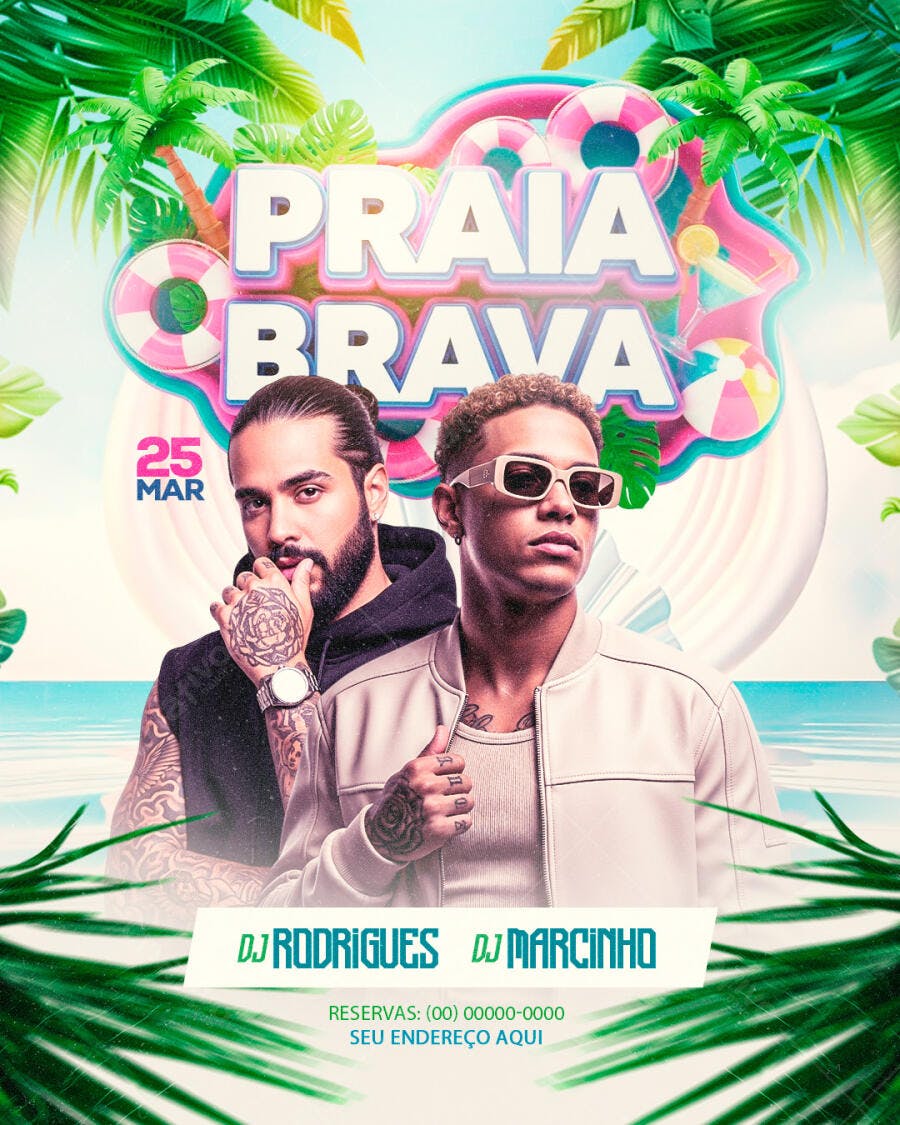 Flyer Festa Praia Brava DJs Março PSD Editável
