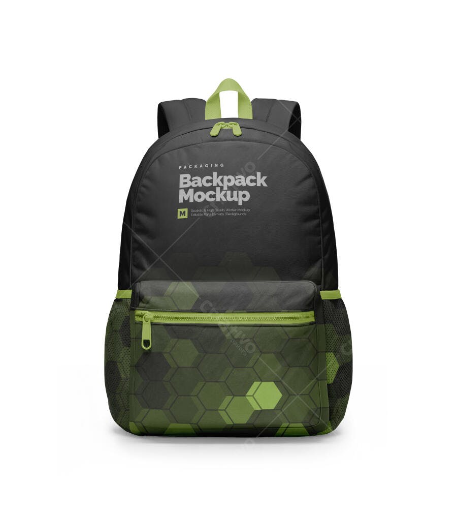 Mockup Mochila Escolar Preta Verde Frontal Editável