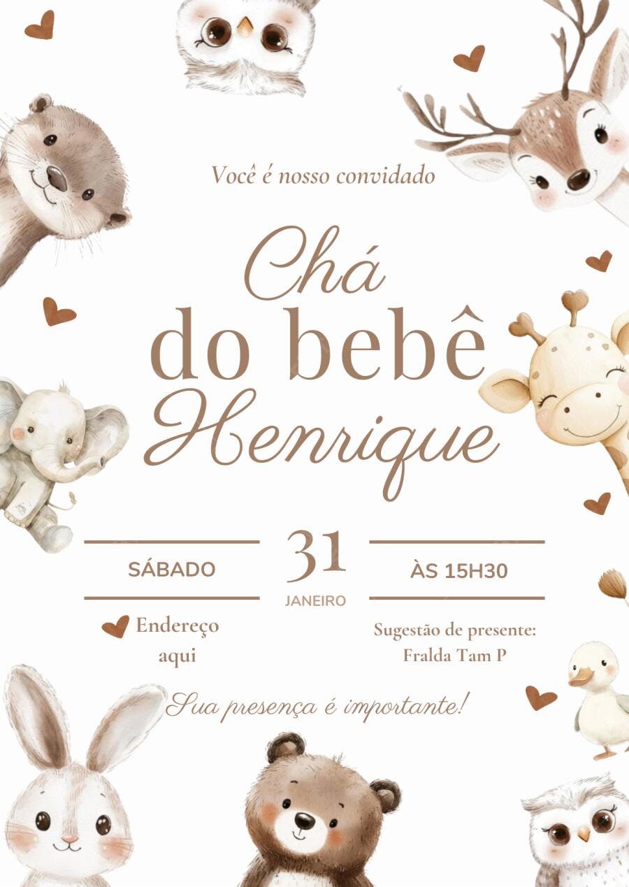 Convite Chá de Bebê Animais Safari Aquarela Neutro Editável