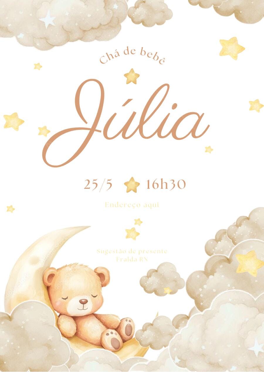 Convite Chá de Bebê Ursinho na Lua Estrelas Editável