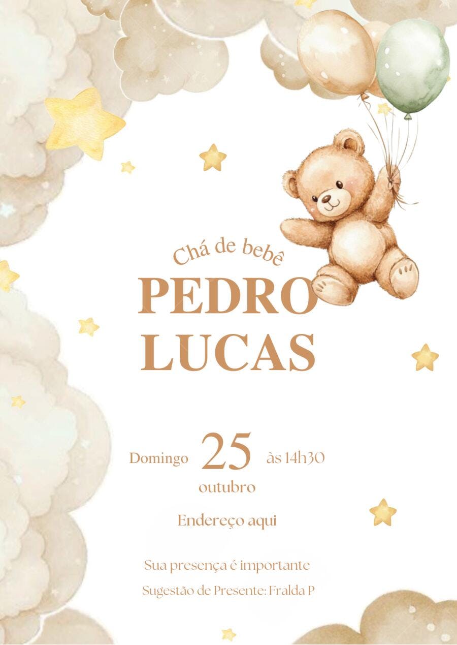 Convite Chá de Bebê Urso Balões Nuvens Editável