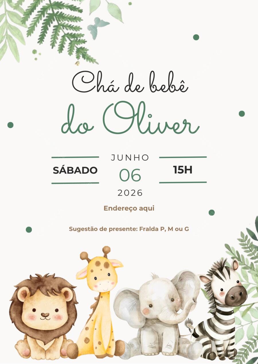Convite Chá de Bebê Safari Bichinhos Aquarela Editável