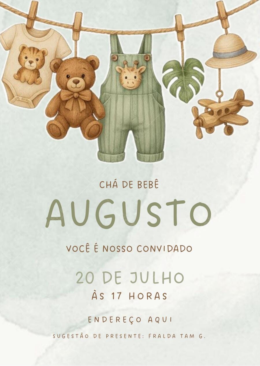 Convite Chá de Bebê Ursinho Safari Aquarela Editável