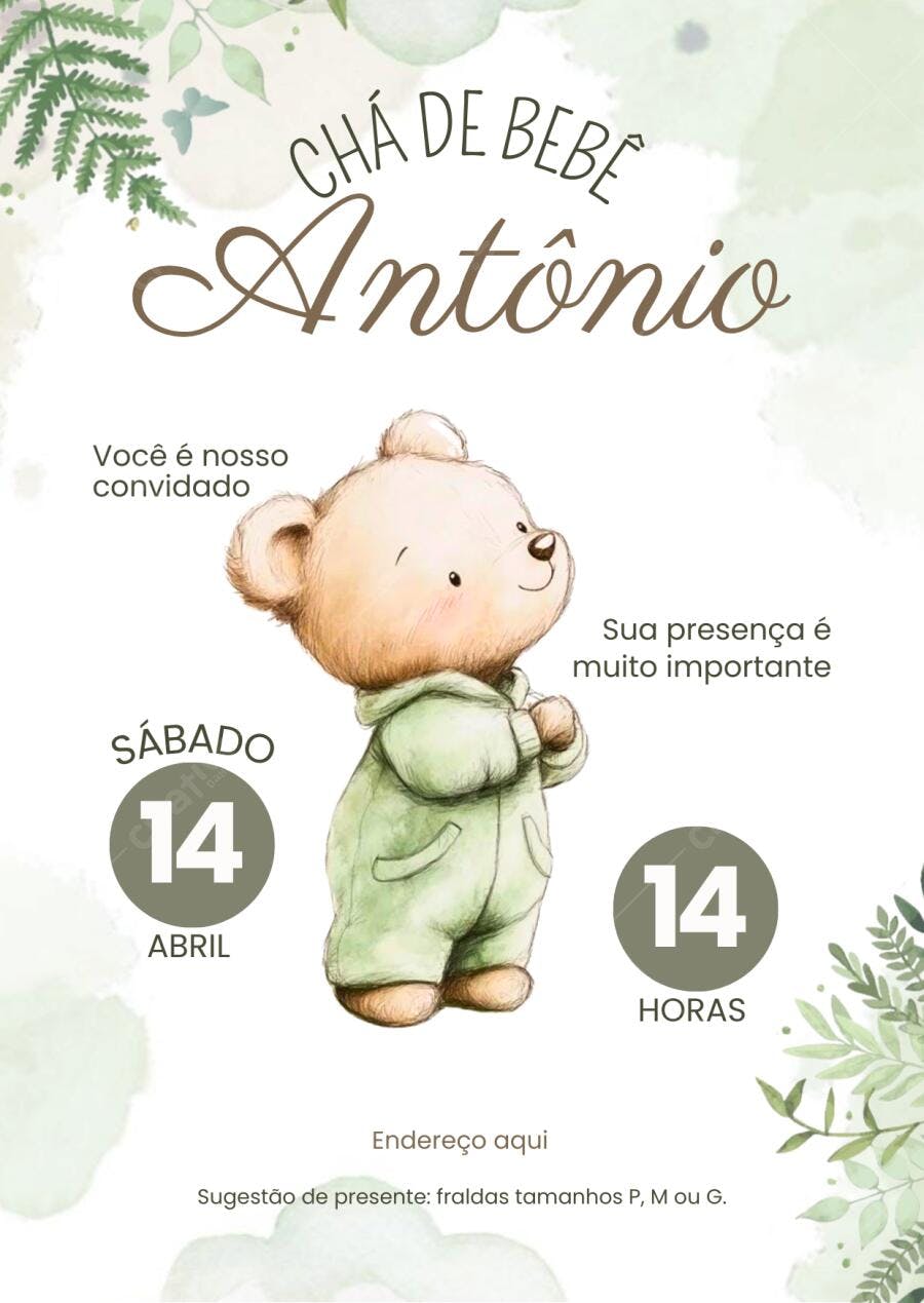 Convite Chá de Bebê Ursinho Verde Aquarela Editável