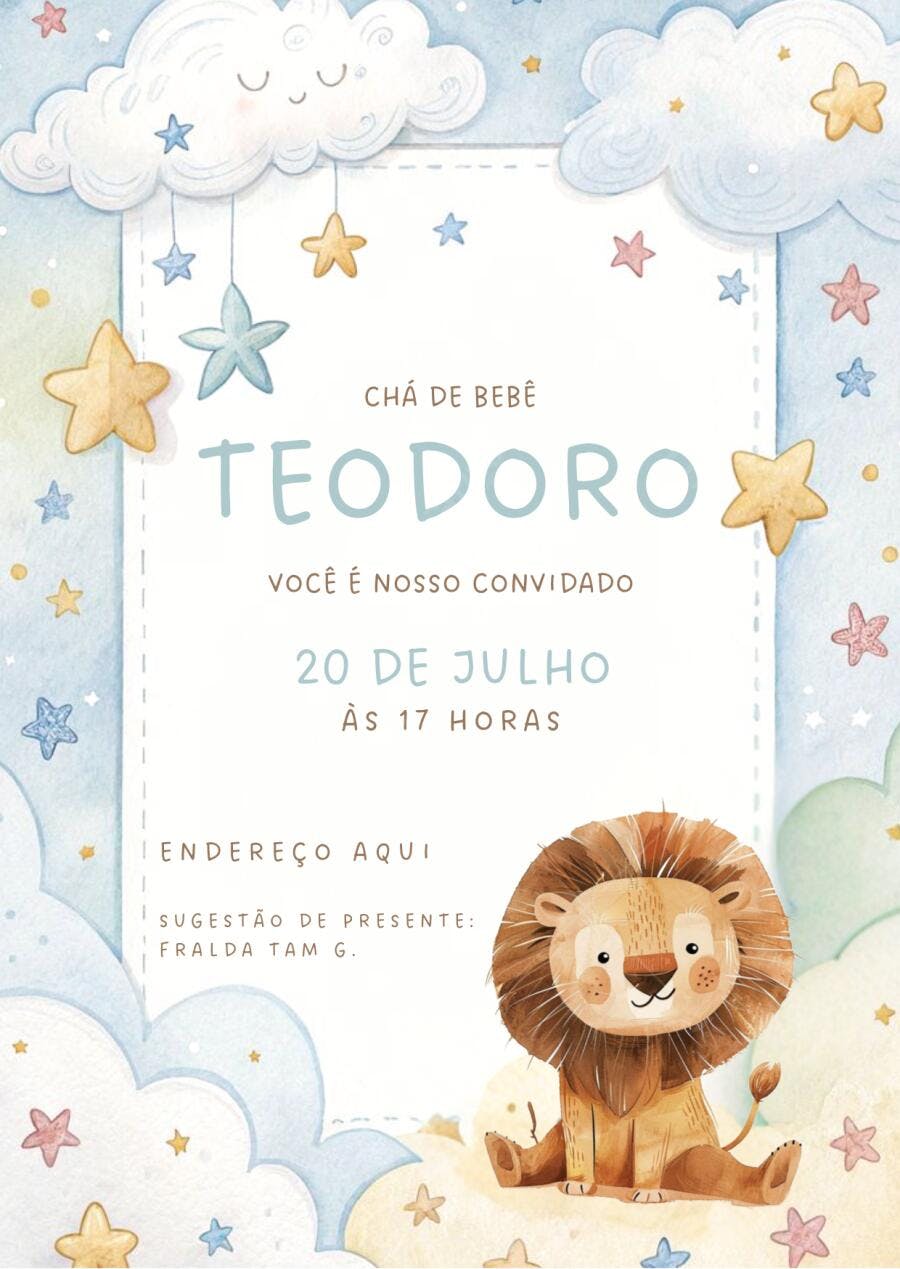 Convite Chá de Bebê Leãozinho Nuvens Estrelas Editável