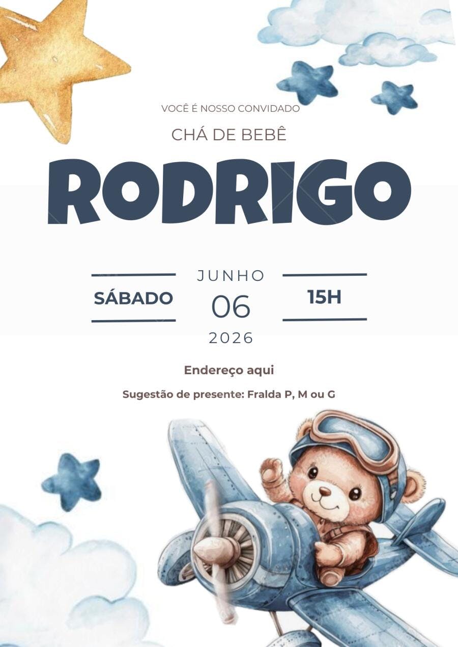 Convite Chá de Bebê Urso Aviador Nuvens Azul Editável