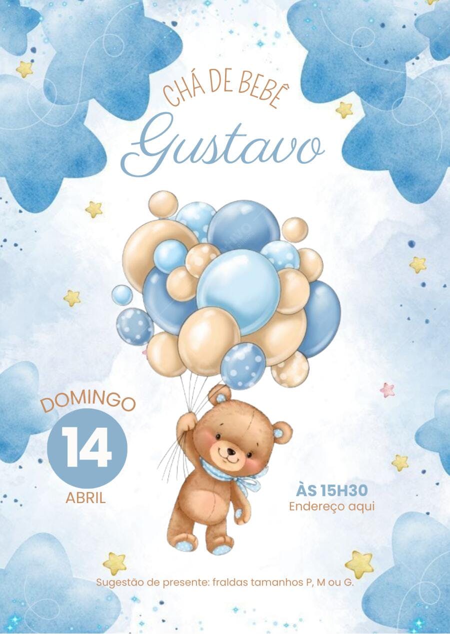 Convite Chá de Bebê Ursinho Balões Azul Bege Editável