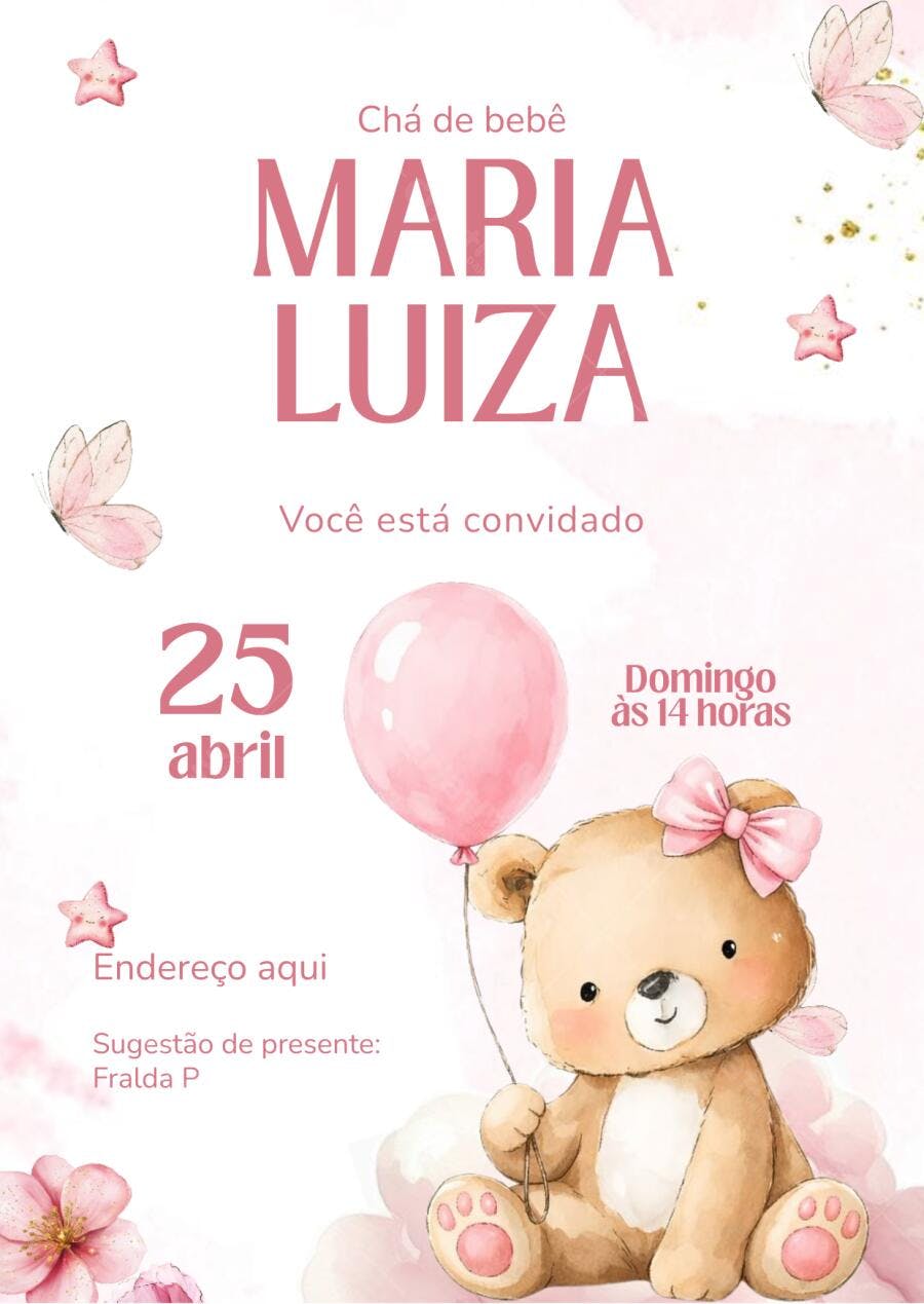 Convite Chá de Bebê Ursinha Balão Rosa Editável