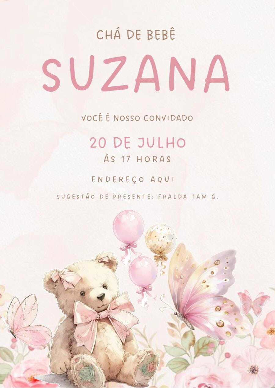 Convite Chá de Bebê Ursinha Rosa Borboletas Editável
