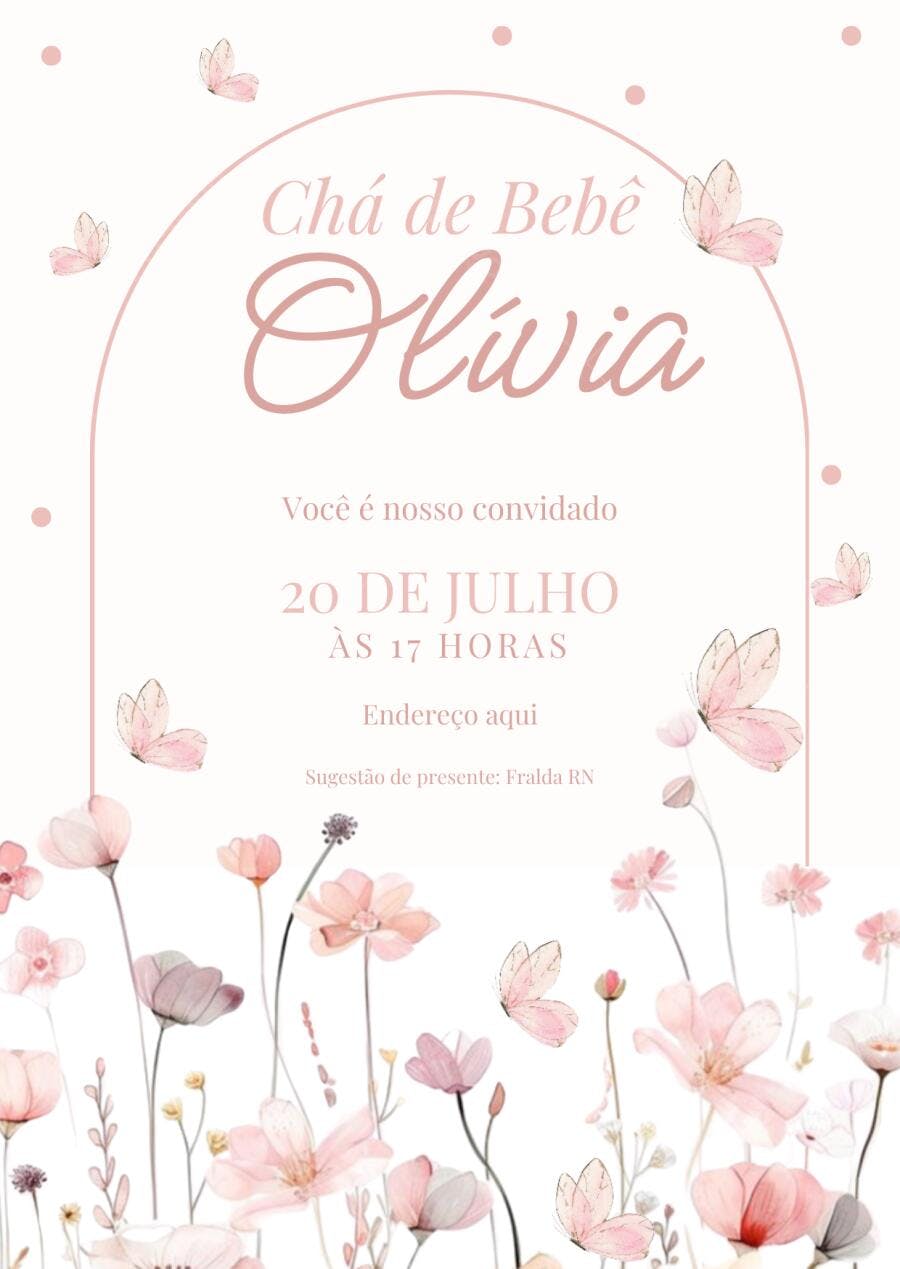 Convite Chá de Bebê Borboletas e Flores Rosas Editável