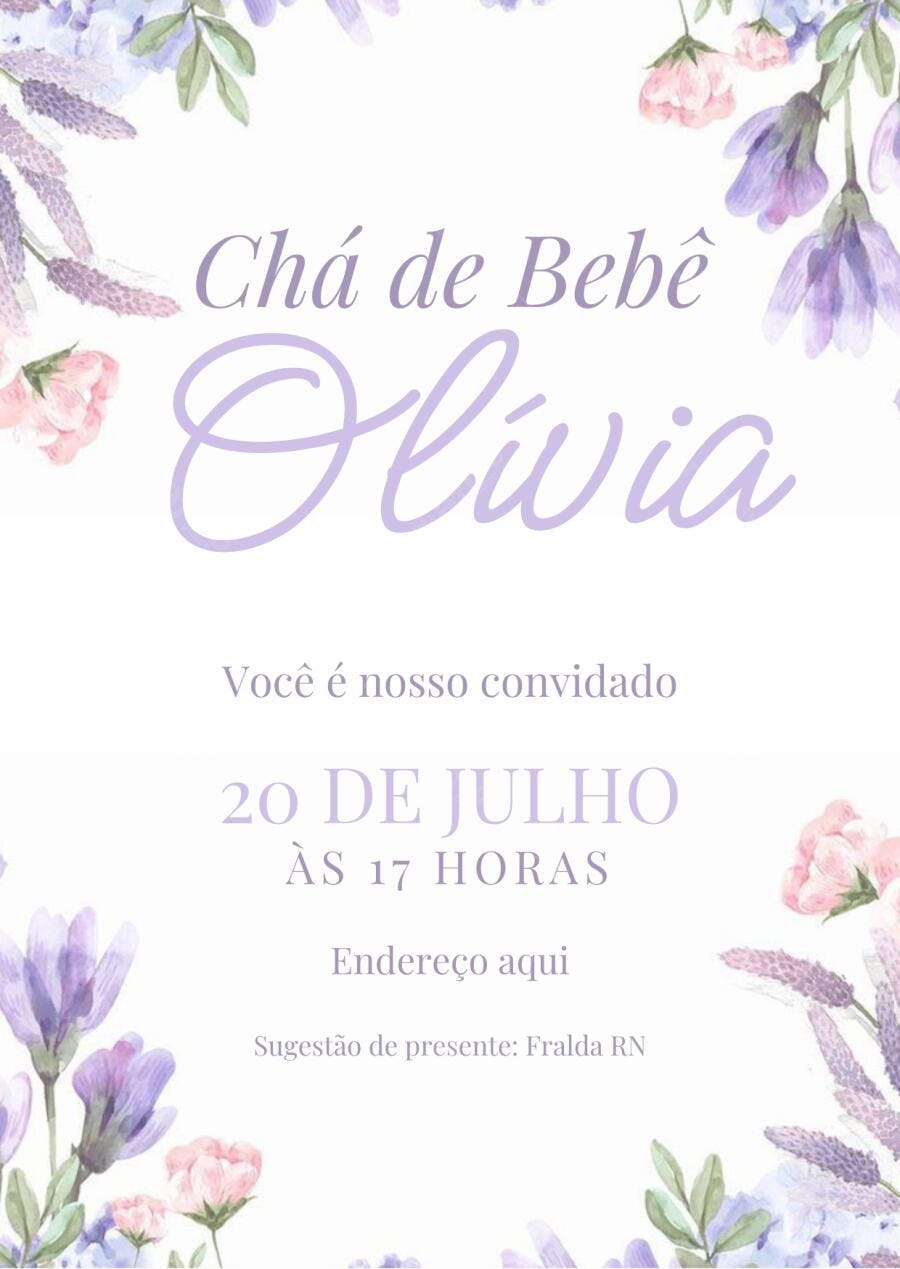 Convite Chá de Bebê Floral Lilás Rosa Editável