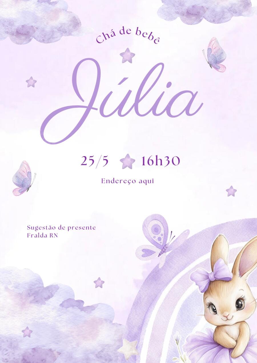 Convite Chá de Bebê Coelhinha Aquarela Lilás Editável