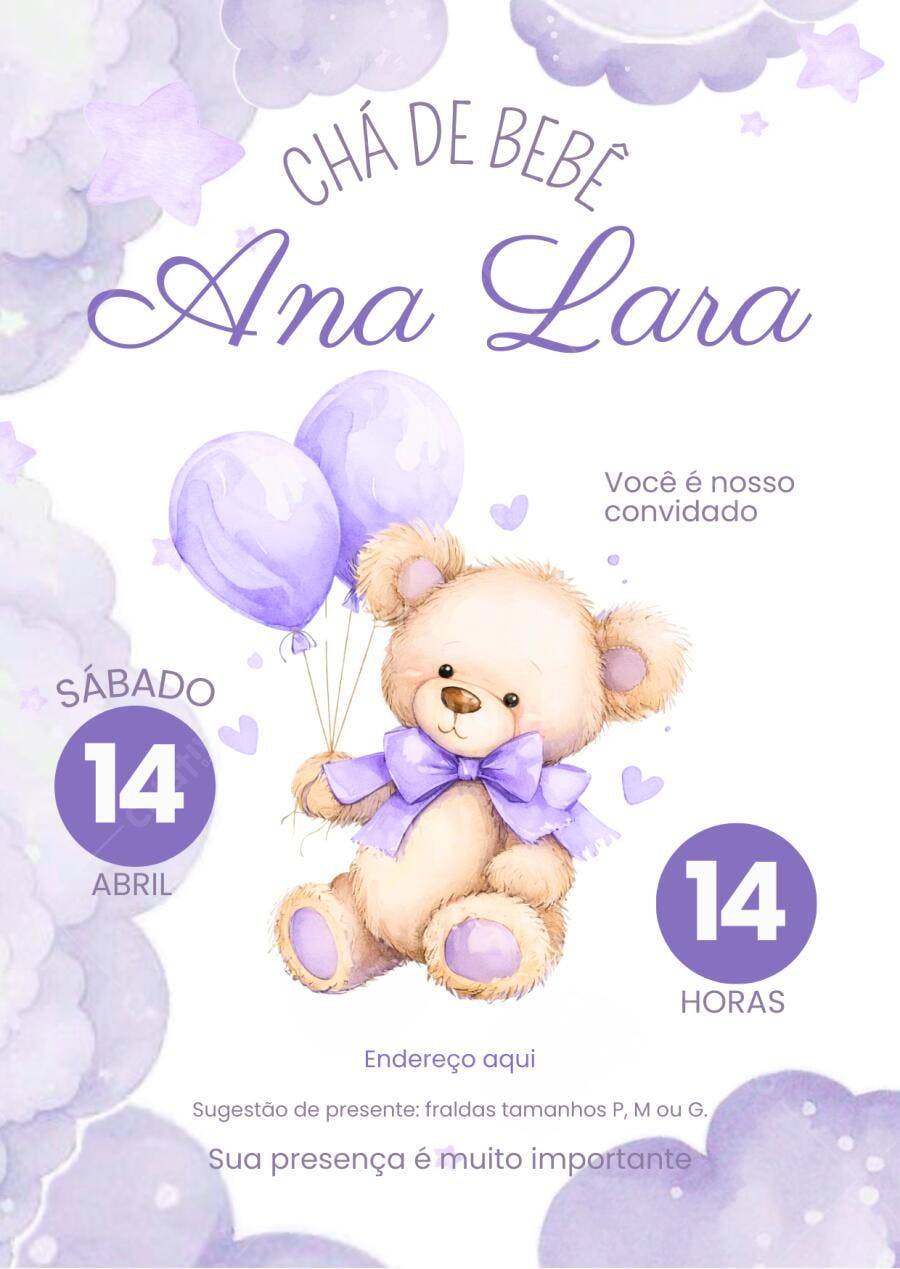 Convite Chá de Bebê Urso Balões Lilás Editável
